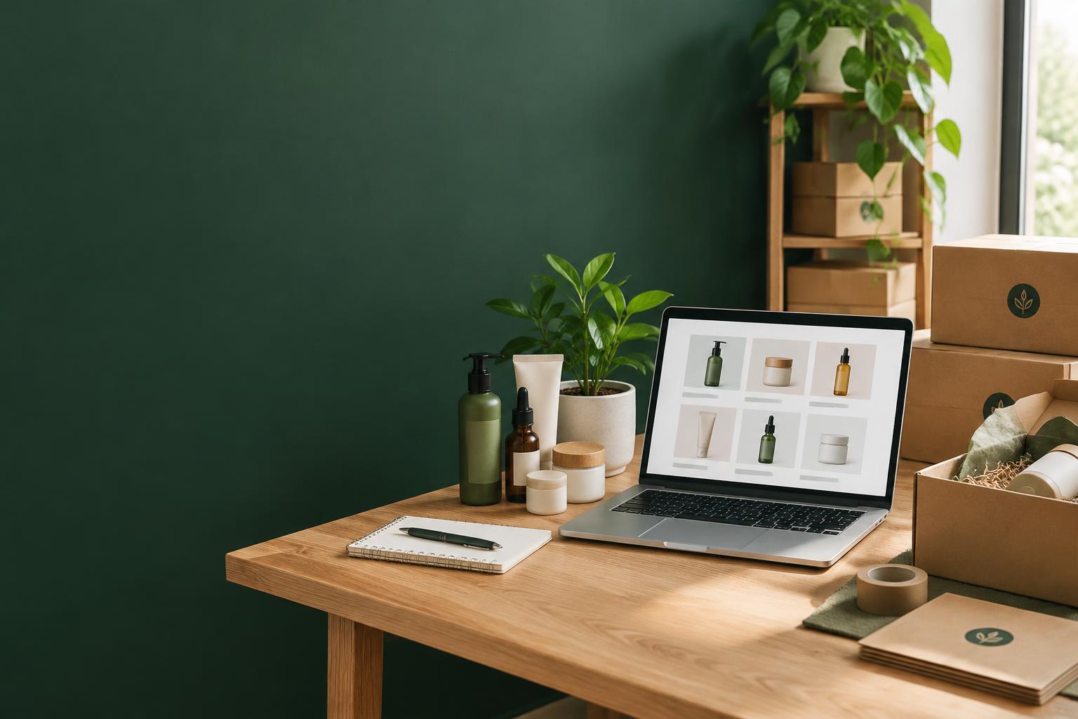 Products and a laptop at an ecommerce packing workspace